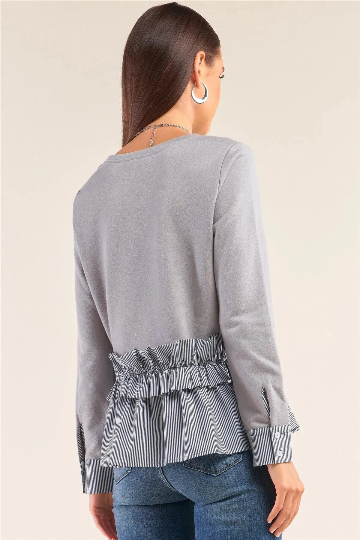 Grey Long Sleeve Crew Neck Striped Ruffle Hem Detail Knit Top /3-1-2
