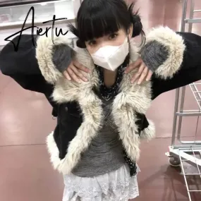 Karrram Y2k Aesthetics Black Denim Coat Grunge Fairycore Jeans Fur Jacket 2000s Harajuku Winter Coat Patchwork Vintage Korean