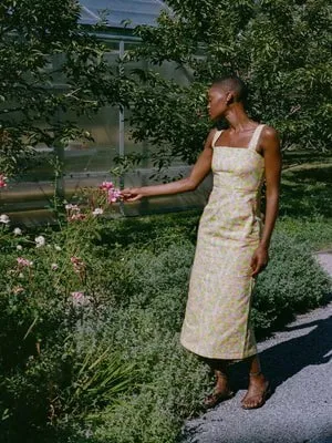 Long Slip Dress in Yellow & Pink Bougainvillea