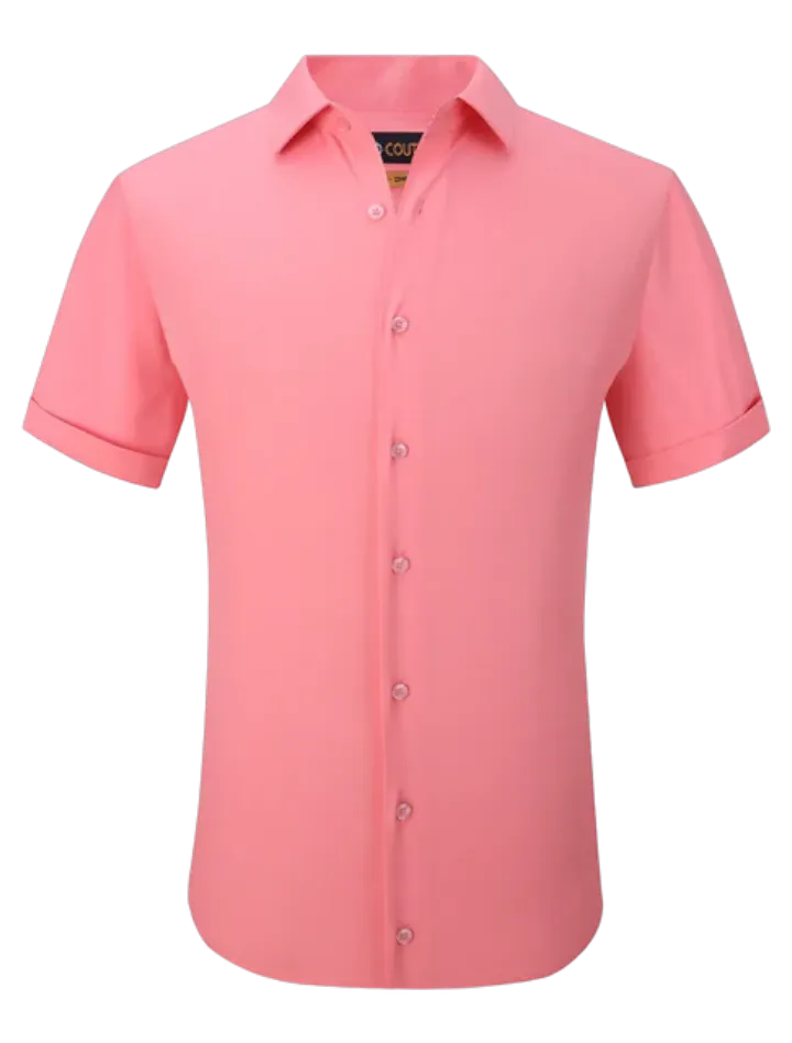 Rose pink men short sleeve shirt stretch material salmon color