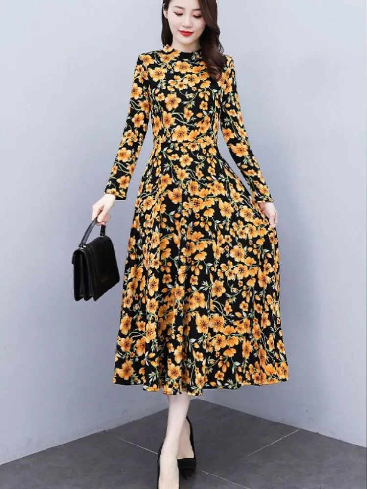Spring Autumn New Korean Fashion Floral Long Sleeve Dresses Temperament Slim Mid Length Dress Oversize Woman Clothes Red Dress