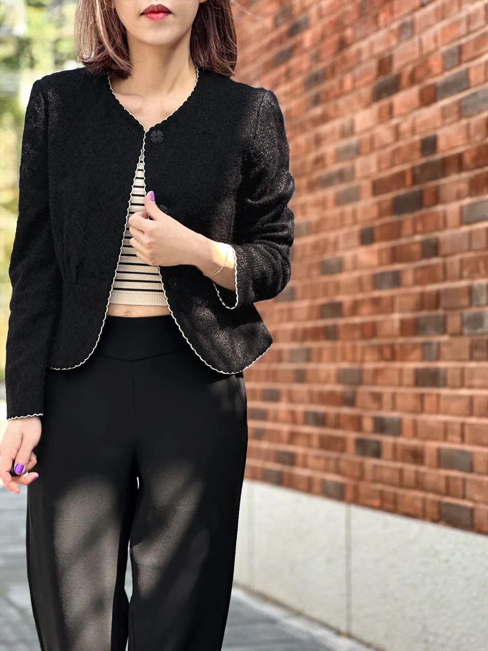 Textured Black Scallop Stitched Trim Peplum Jacket